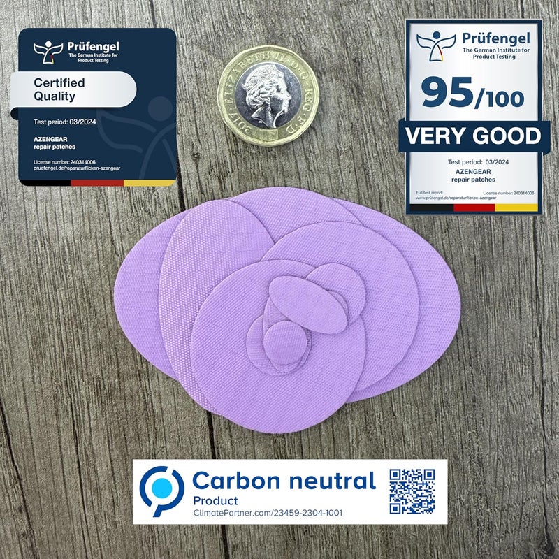 aZengear Repair Patches for Jackets, Tent, Shoe Toe, Air Mattress, Inflatables, PVC Gear - Waterproof, Self-Adhesive, Tear-Cold-Heat-Resistant, Down Puffer Coat (11pcs, Lilac) - Image 5
